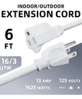 6 Ft Outdoor Extension Cord With 16 3 SJTW White Vinyl Jacket 3 Prong Grounded Plug Weatherproof Water Resistant Flame Retardant UL Listed 13 Amp 125 Volt 1625 Watt Power Cable showing plug ends and specifications