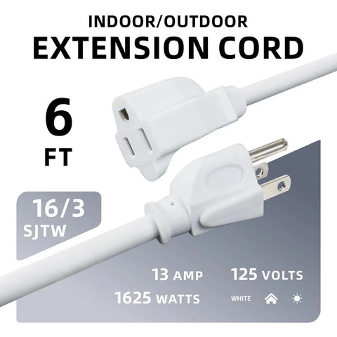 6 Ft Outdoor Extension Cord With 16 3 SJTW White Vinyl Jacket 3 Prong Grounded Plug Weatherproof Water Resistant Flame Retardant UL Listed 13 Amp 125 Volt 1625 Watt Power Cable showing plug ends and specifications