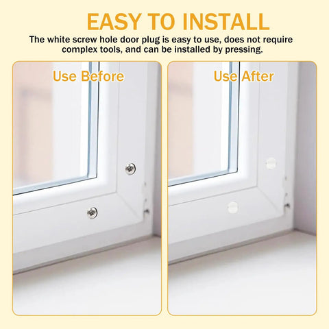 Top Shelf Fifty Pack Entry Door Plugs For Screw Holes In Crisp White Plastic With An Easy Texture Surface designed for easy installation, shown before and after.