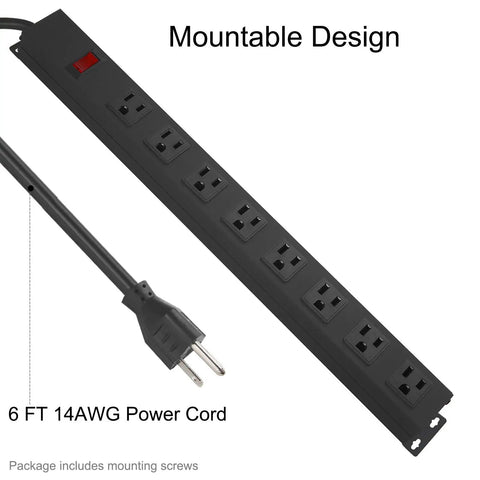Heavy Duty 8 Outlet Power Strip With 14 AWG 6 Ft Extension Cord Black Wall Mountable Wide Spaced Outlets For Large Plugs