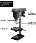 Killer 15 Inch Benchtop Drill Press With 16 Speed Settings And A Beefy 3/4 Hp Motor front view with adjustable table and spindle.