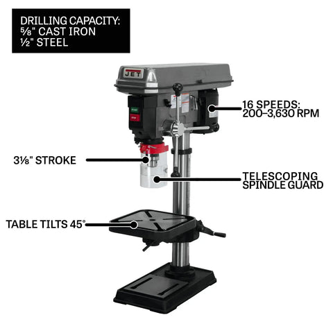 Killer 15 Inch Benchtop Drill Press With 16 Speed Settings And A Beefy 3/4 Hp Motor front view with adjustable table and spindle.