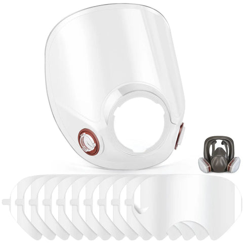 Replacement Lens For 6000 Series Full Face Respirator And Peel Off Lens Covers Pack Of 10 shown with polycarbonate lens and mask