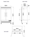 Top Tier Heavy Hitter 54 Inch Double Solid Door Reach In Refrigerator With 49 Cubic Foot Storage and Stainless Steel Finish dimensions front, side, and top view