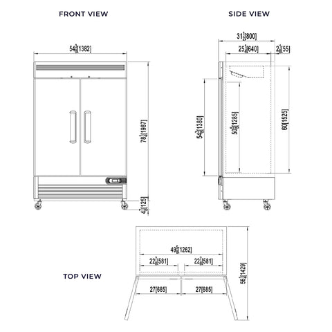 Top Tier Heavy Hitter 54 Inch Double Solid Door Reach In Refrigerator With 49 Cubic Foot Storage and Stainless Steel Finish dimensions front, side, and top view