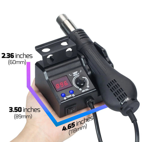 Compact Hot Air Rework Station Kit With Integrated Nozzle Holder, 3 Nozzles And 2 Tweezers, Adjustable Temperature And Air Volume shown in hand
