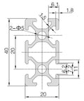Two Pack 2040 Aluminum Extrusion Profile For CNC Machines And 3D Printer Builds, European Standard Anodized Finish, Adjustable Lengths From 100mm Up To 1200mm, Heavy Duty Aluminum Rail For Precise Motion And Custom Projects. 2040 profile cross-section drawing with 20mm width and 40mm height