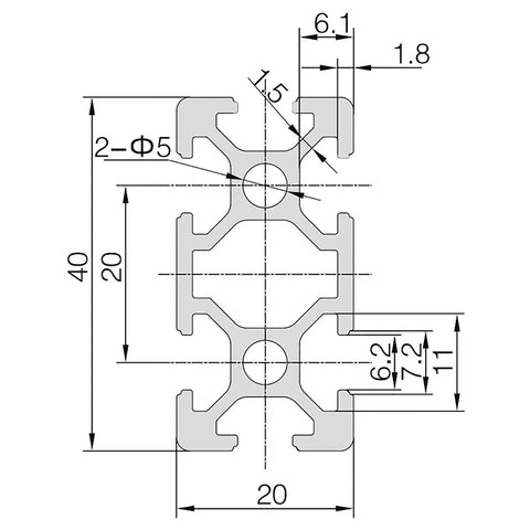 Two Pack 2040 Aluminum Extrusion Profile For CNC Machines And 3D Printer Builds, European Standard Anodized Finish, Adjustable Lengths From 100mm Up To 1200mm, Heavy Duty Aluminum Rail For Precise Motion And Custom Projects. 2040 profile cross-section drawing with 20mm width and 40mm height