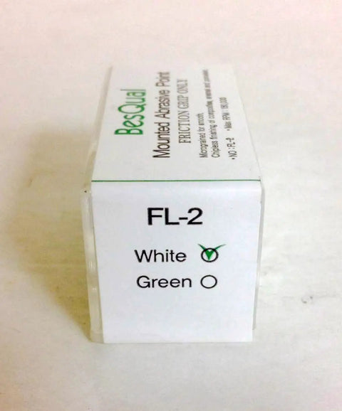 Side view of box labeled FL-2 for Pro Grade White Abrasive Mounting Points Friction Grip Micrograined Aluminum Oxide Stones 12 Pack.