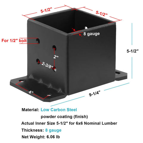 2 Pack 6x6 Post Bases 8 Gauge Heavy Duty Concrete Post Anchor Brackets for Deck Porch Railing Mailbox and Pergola Supports