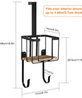 Wall Mount And Over The Door Ironing Board Holder With Large Storage Basket, shown with dimensions and over-door fit, in black finish