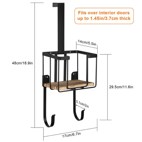 Wall Mount And Over The Door Ironing Board Holder With Large Storage Basket, shown with dimensions and over-door fit, in black finish