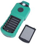 Back view of LCD Circuit Analyzer With Backlit Display And Data Retention, battery compartment open, green casing.