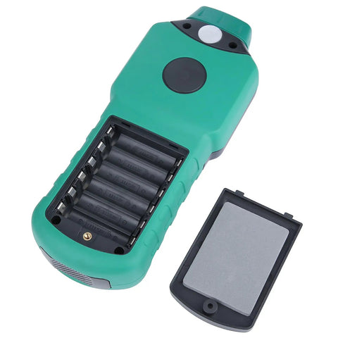 Back view of LCD Circuit Analyzer With Backlit Display And Data Retention, battery compartment open, green casing.