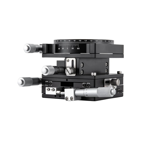 4 Axis 90mm By 90mm Manual Linear Positioning Stage With Sliding Table, showing side view of compact unit for precision equipment positioning.