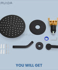 8 Inch Round Rainfall Shower Head Matte Black Shower Faucet Set With SUS304 Stainless Steel Trim Kit components layout