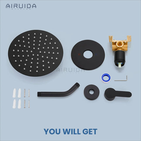 8 Inch Round Rainfall Shower Head Matte Black Shower Faucet Set With SUS304 Stainless Steel Trim Kit components layout