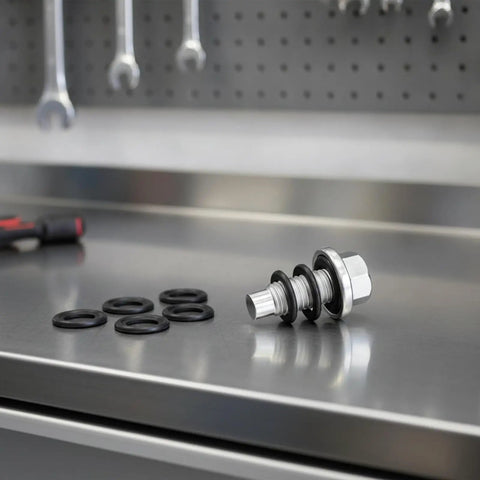 Top Tier 6 Piece Oil Drain Plug Gasket Kit With Hex Head Washer And Tight Seal Rubber Gaskets For Vehicle Service Maintenance And Leak Free Engine Performance, 12mm zinc steel parts on bench
