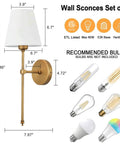 Two Pack Hardwired Brushed Brass Wall Sconces With Fabric Shade dimensions and recommended bulb types