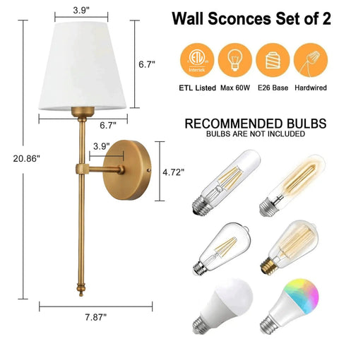 Two Pack Hardwired Brushed Brass Wall Sconces With Fabric Shade dimensions and recommended bulb types