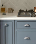 Brushed Nickel Cabinet Cup Pulls 3 Inch Center Hole 5 Pack Silver Drawer Handles on blue kitchen cabinets