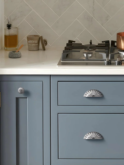 Brushed Nickel Cabinet Cup Pulls 3 Inch Center Hole 5 Pack Silver Drawer Handles on blue kitchen cabinets