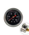 Automotive inline fuel pressure gauge, 0-100 psi, liquid-filled, 1/8" NPT, front view; regulator inset.
