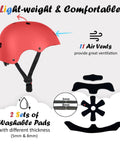 Adjustable Kids Bike Helmet For Toddlers To Teens, Three Sizes Small Medium Large, Red, Multi Sport Use, Impact Resistant ABS Shell With EPS Foam, Lightweight Kid Friendly Protection For Cycling, Skateboarding And More, shown with air vents and washable pads.