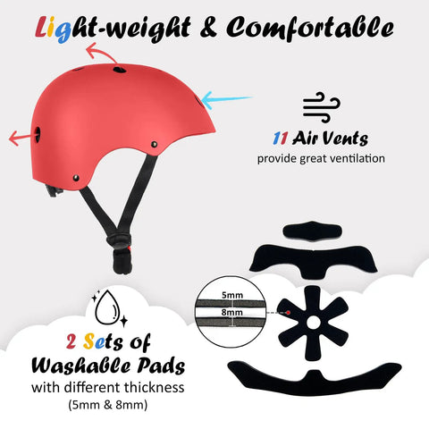 Adjustable Kids Bike Helmet For Toddlers To Teens, Three Sizes Small Medium Large, Red, Multi Sport Use, Impact Resistant ABS Shell With EPS Foam, Lightweight Kid Friendly Protection For Cycling, Skateboarding And More, shown with air vents and washable pads.