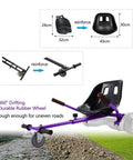 Hoverboard Seat Attachment Fits 6.5 To 10 Inch Self Balancing Scooters, Go Kart Conversion Kit, Purple with black seat detail