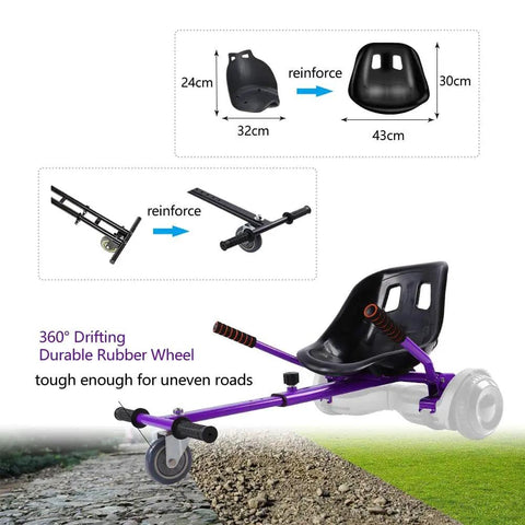 Hoverboard Seat Attachment Fits 6.5 To 10 Inch Self Balancing Scooters, Go Kart Conversion Kit, Purple with black seat detail