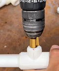 Grab These 3 Pack Ppr Lift Step Bits With 20 25 And 32 Mm Reamers To Smooth Pipe Ends Fast And Easy For Plumbing Jobs That Need Quality Steel Durability, PPR reamer drilling a white plastic pipe joint