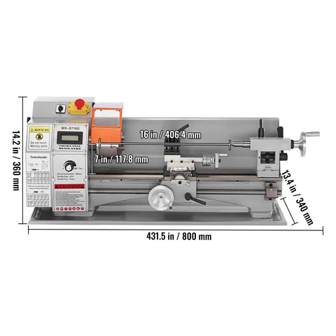 Front view of Compact Metal Lathe 7 X 16 Inch 800W Desktop Lathe With Variable Speed 150 To 2500 RPM showing dimensions
