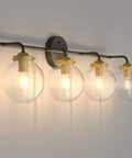 4 Light Industrial Wall Sconce With Clear Glass Shades, Vintage Style Vanity Light Over Mirror, Black And Gold Sleek Modern Bath Fixture