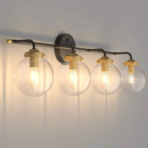 4 Light Industrial Wall Sconce With Clear Glass Shades, Vintage Style Vanity Light Over Mirror, Black And Gold Sleek Modern Bath Fixture