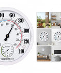 Outdoor Thermometer And Hygrometer, 10 Inch Round White Dial, Waterproof Wall Mount For Patio Garden Garage And Home, Rugged And Easy To Read Temperature And Humidity Monitor Built For All Weather Use, shown close-up