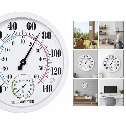 Outdoor Thermometer And Hygrometer, 10 Inch Round White Dial, Waterproof Wall Mount For Patio Garden Garage And Home, Rugged And Easy To Read Temperature And Humidity Monitor Built For All Weather Use, shown close-up