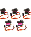 5 Pack Heavy Duty 9g Micro Servo Motor Featuring Upgraded Metal Gears And Double Ball Bearings For Rc Trucks Boats Helicopters And Crawlers, showcasing compact design with wires.