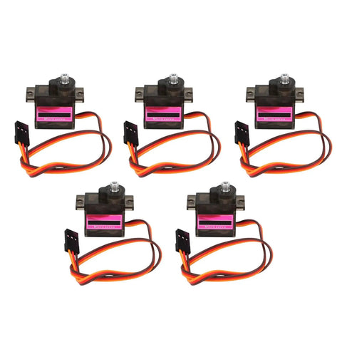 5 Pack Heavy Duty 9g Micro Servo Motor Featuring Upgraded Metal Gears And Double Ball Bearings For Rc Trucks Boats Helicopters And Crawlers, showcasing compact design with wires.