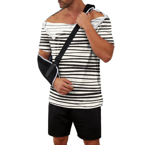 Man wearing Post Op Shoulder Surgery Recovery Shirt For Men With Side Snaps And Tear Away Design Rotator Cuff Rehab Friendly Soft Tee