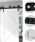 Track Connecting Plate Kit For Barn Door Track System shown installed on white barn door with close-up views of bolts and connectors.