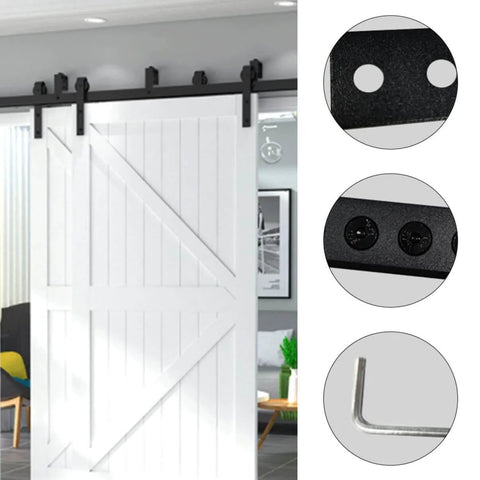 Track Connecting Plate Kit For Barn Door Track System shown installed on white barn door with close-up views of bolts and connectors.