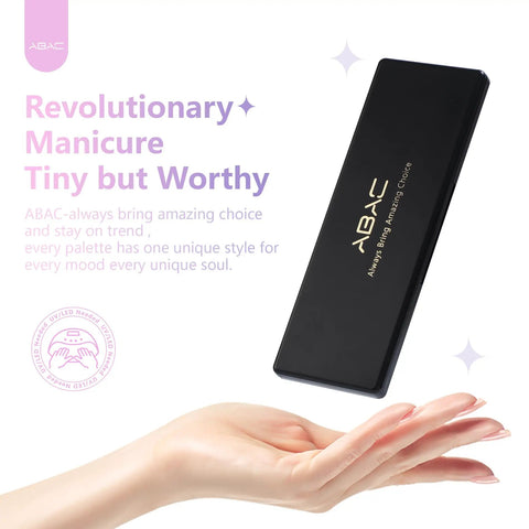 Elegant hand holding ABAC nail polish palette with "Revolutionary Manicure Tiny but Worthy" text.