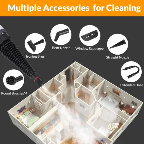 Kick Stubborn Grease To The Curb With Heavy Duty Handheld Steam Cleaner featuring multiple cleaning attachments displayed.