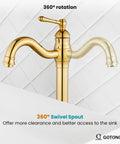 Polished gold vessel sink faucet with 360 degree swivel spout above white basin, single handle, shown in bathroom setting