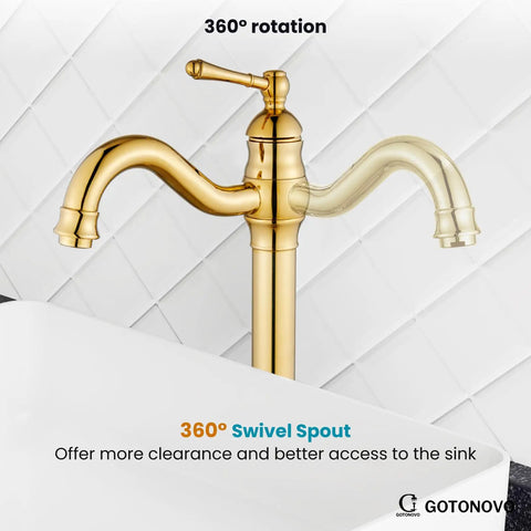 Polished gold vessel sink faucet with 360 degree swivel spout above white basin, single handle, shown in bathroom setting