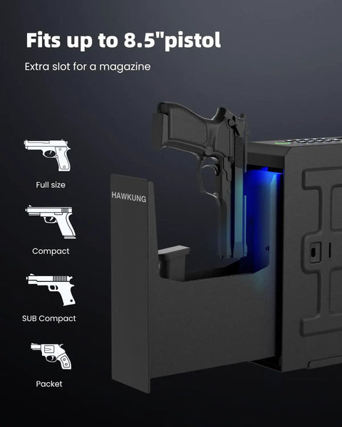 Slick Fingerprint Biometric Gun Safe With Slider Bedside Design For Handgun Quick Access Nightstand Mount with extra slot for magazine.