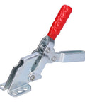 Heavy Duty Toggle Clamp Keeping Workpieces Locked Down Tight With Rock Solid Grip And Five Oh Seven Pound Clamping Force Adjustable Spindle Hold Down Hand Clamp For Woodworking Jigs Fixtures Drill Press And Welding Table, metal build with red handle.