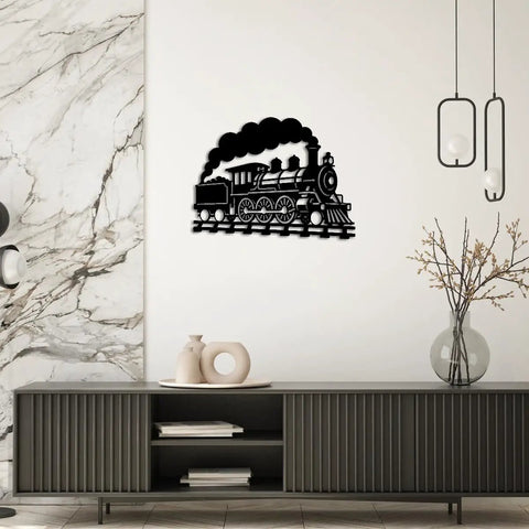 Dope Steam Locomotive Metal Wall Art For Living Room And Office Black 16 Inch Outdoor Decor Sign on white wall in modern space.