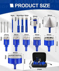 Tile Diamond Drill Bits Kit For Porcelain And Ceramic Tile 16 Piece Hole Saw Set With Core Bits and case, showing sizes.